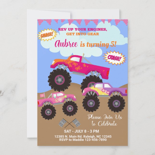 Monster trucks rose fille invitation anniversaire  (Devant)