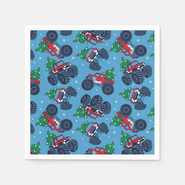 Monster Trucks und Weihnachtsbaummuster Serviette (Vorderseite)
