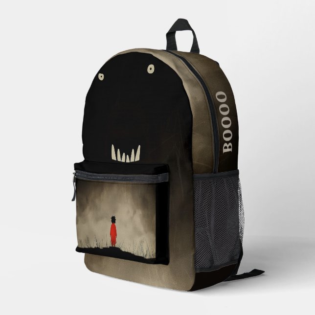 Monster und das Kind in rotem Kleid Bedruckter Rucksack (Rückseitige Ecke Rechts)