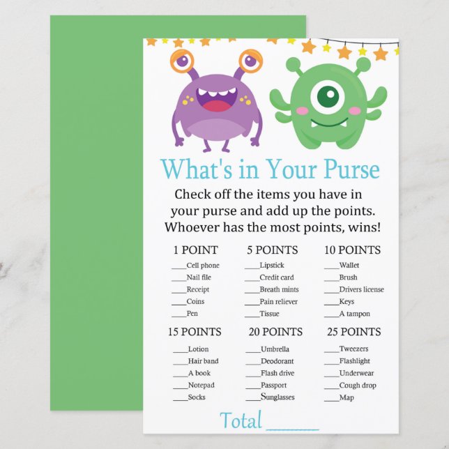 Monster Was ist in deiner Purse-Spiele-Babydusche? (Vorne/Hinten)