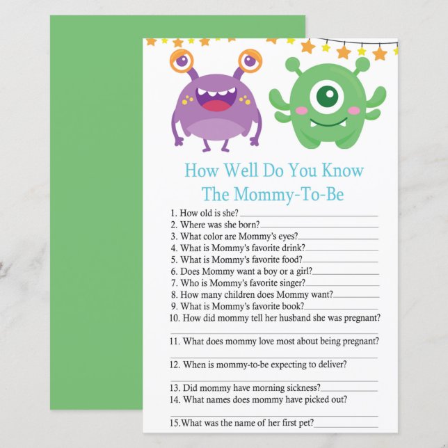 Monster WIE GUT KENNST DU Baby-Dusche-Spiel (Vorne/Hinten)