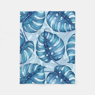 Monstera Aquarellmuster blau Fleecedecke