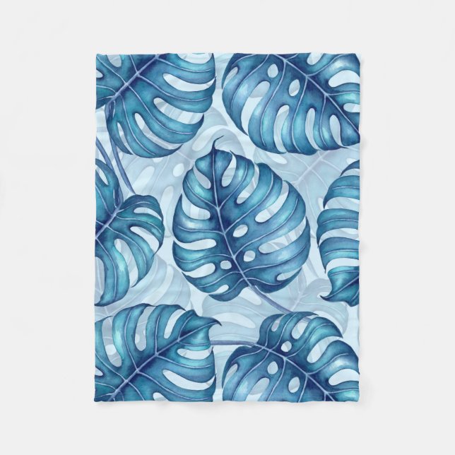 Monstera Aquarellmuster blau Fleecedecke (Vorderseite)
