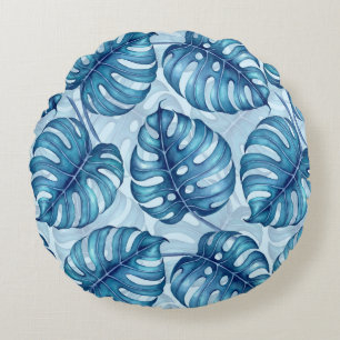 Monstera Aquarellmuster blau Rundes Kissen