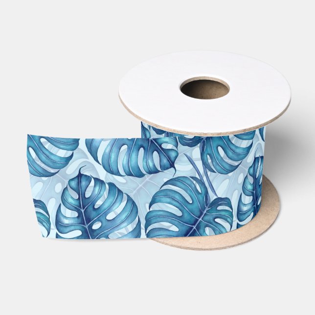 Monstera Aquarellmuster blau Satinband (Spule)