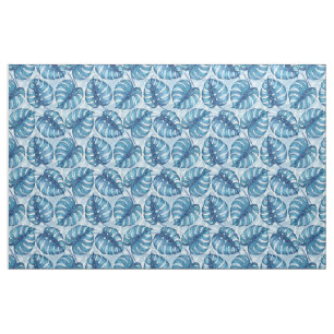 Monstera Aquarellmuster blau Stoff