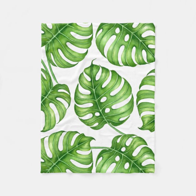 Monstera Aquarellmuster Fleecedecke (Vorderseite)