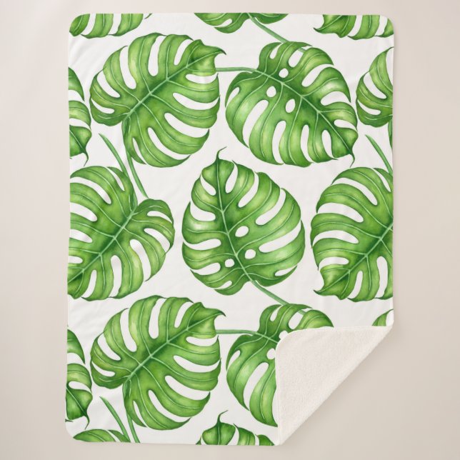 Monstera Aquarellmuster Sherpadecke (Vorderseite)