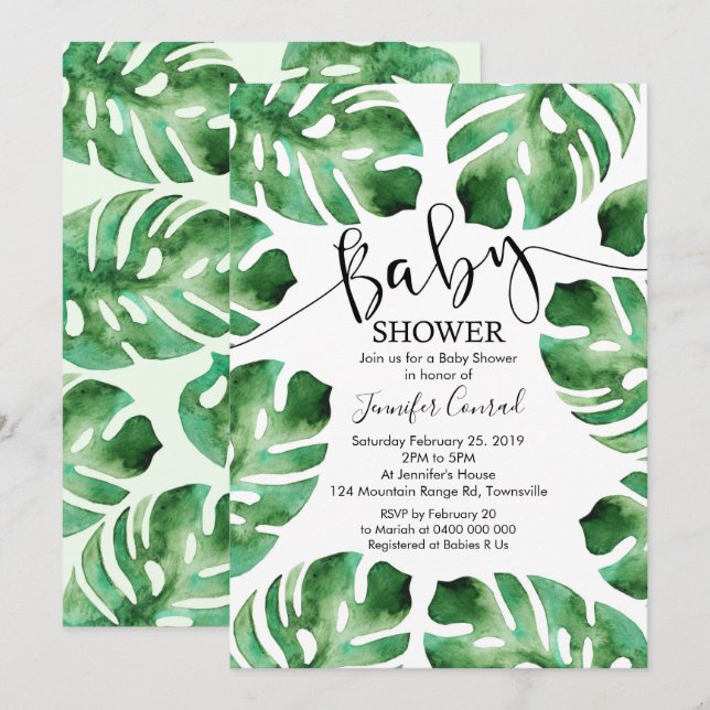 Monstera Baby Shower Einladung, tropische Blätter Einladung (Vorne/Hinten)