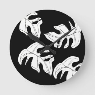 Monstera Black White Botanical Wedding Runde Wanduhr