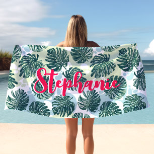 Monstera Blatt Tropische Palme Hot Pink Schrift Na Strandtuch