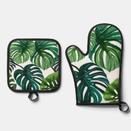 Monstera-Blätter | Einfache moderne Wasserfarbe Ofenhandschuh & Topflappen-Set