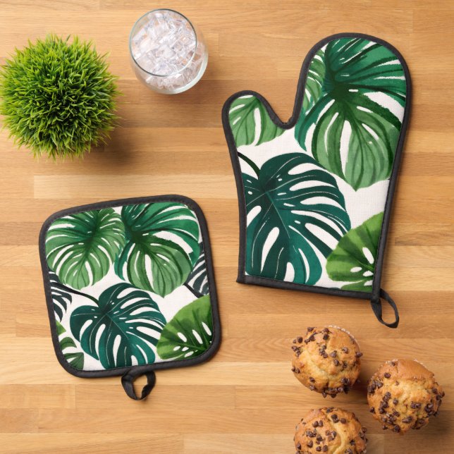 Monstera-Blätter | Einfache moderne Wasserfarbe Ofenhandschuh & Topflappen-Set (Oben Unten)