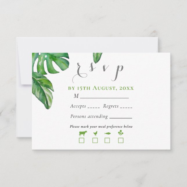 Monstera-Blätter für tropisches grünes Wasser RSVP Karte (Vorderseite)