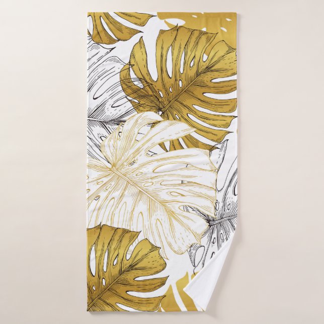 Monstera Blätter: Golden White Badehandtuch (Badehandtuch)