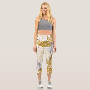 Monstera Blätter: Golden White Capri Leggings