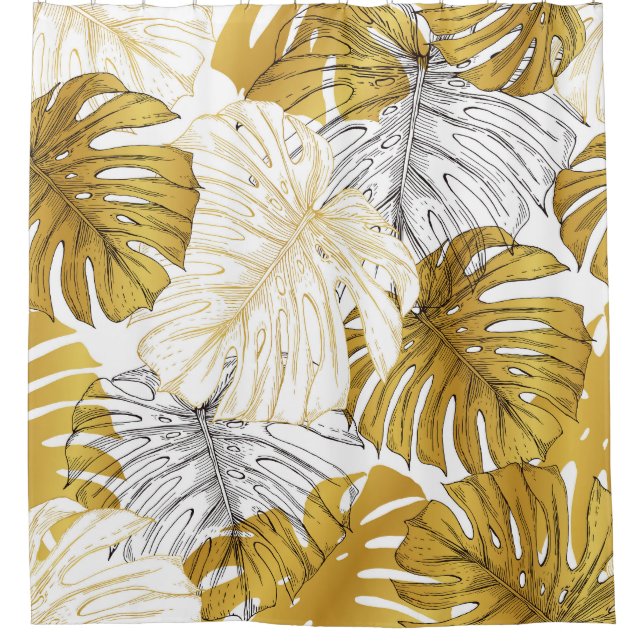 Monstera Blätter: Golden White Duschvorhang (Vorderseite)