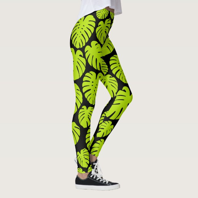 Monstera-Blätter in Lime Green und Schwarz Leggings (Rechts)