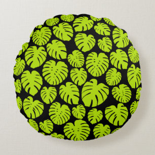 Monstera-Blätter in Lime Green und Schwarz Rundes Kissen