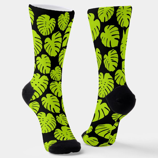 Monstera-Blätter in Lime Green und Schwarz Socken (Gewinkelt)