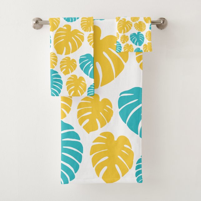 Monstera-Blätter in Türkis, Gelb und Weiß Badhandtuch Set (Insitu)