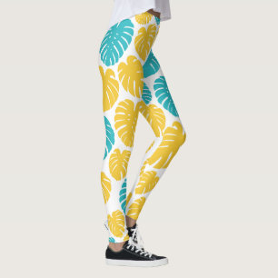 Monstera-Blätter in Türkis, Gelb und Weiß Leggings