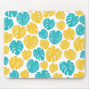 Monstera-Blätter in Türkis, Gelb und Weiß Mousepad