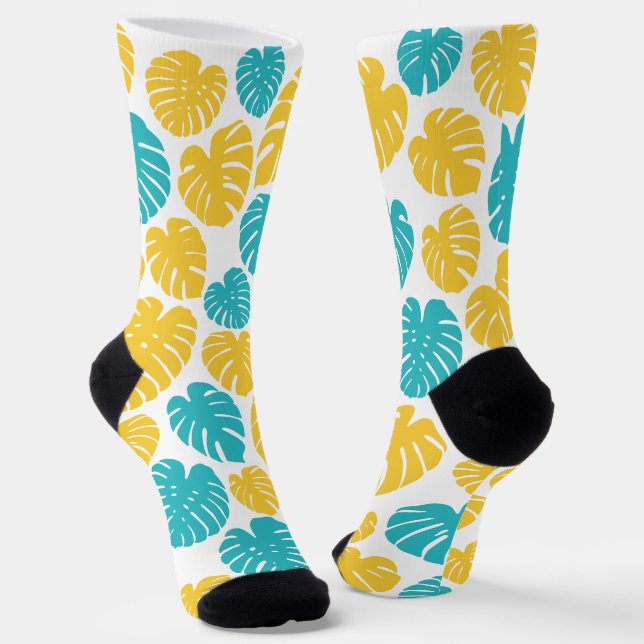Monstera-Blätter in Türkis, Gelb und Weiß Socken (Gewinkelt)