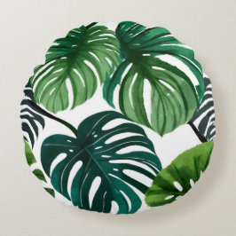 Monstera-Blätter Moderne Wasserfarbe Botanisch Rundes Kissen