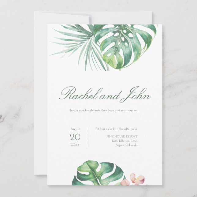 Monstera Blätter Tropical Wedding Einladung (Vorderseite)