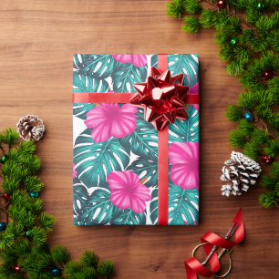 Monstera Blätter und Hibiskus, Aquamarin Rosa auf  Geschenkpapier