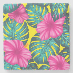 Monstera Blätter und Hibiskus, Aquamarin rosa auf  Steinuntersetzer