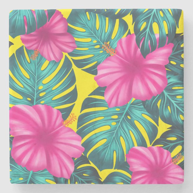 Monstera Blätter und Hibiskus, Aquamarin rosa auf  Steinuntersetzer (Vorderseite)