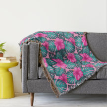 Monstera Blätter und Hibiskus Aquamarin und rosa a