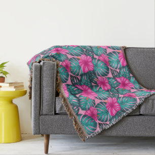 Monstera Blätter und Hibiskus Aquamarin und rosa a Decke