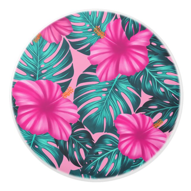 Monstera Blätter und Hibiskus Aquamarin und rosa a Keramikknauf (Vorderseite)
