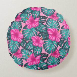 Monstera Blätter und Hibiskus Aquamarin und rosa a Rundes Kissen
