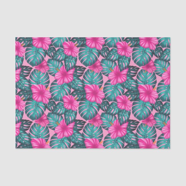 Monstera Blätter und Hibiskus Aquamarin und rosa a Seidenpapier (Vorderseite)