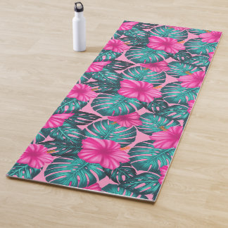 Monstera Blätter und Hibiskus Aquamarin und rosa a Yogamatte