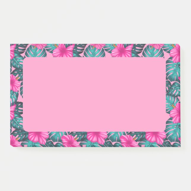 Monstera Blätter und Hibiskus, Aquamarin und rosa Post-it Klebezettel (Vorderseite)