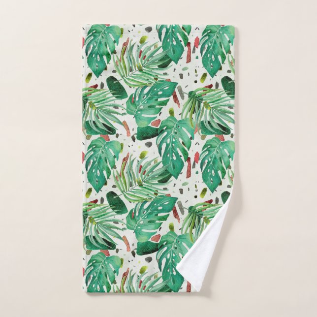 Monstera-Blätter und Palmen-Blätter auf Terazzo-Ba Handtuch (Handtuch)