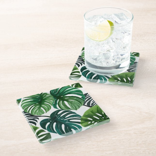 Monstera Blätter Wasserfarben Moderne Kunst, Dicht Glasuntersetzer (Schrägansicht)