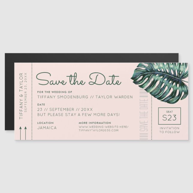Monstera Blush Boarding Pass Magnet Enregistrer la (Devant / Derrière)