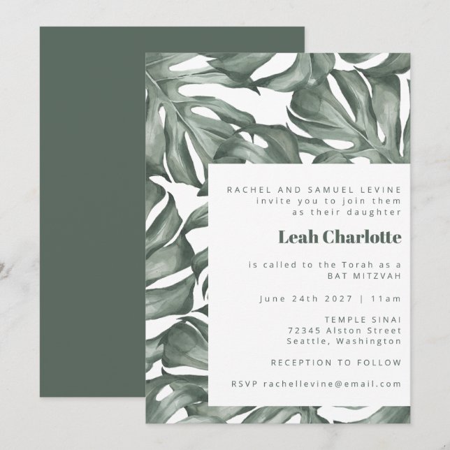 Monstera Botanical Watercolor Green Bat Mitzvah Einladung (Vorne/Hinten)