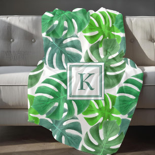 Monstera Deliciosa Blätter Monogramm Muster Fleecedecke