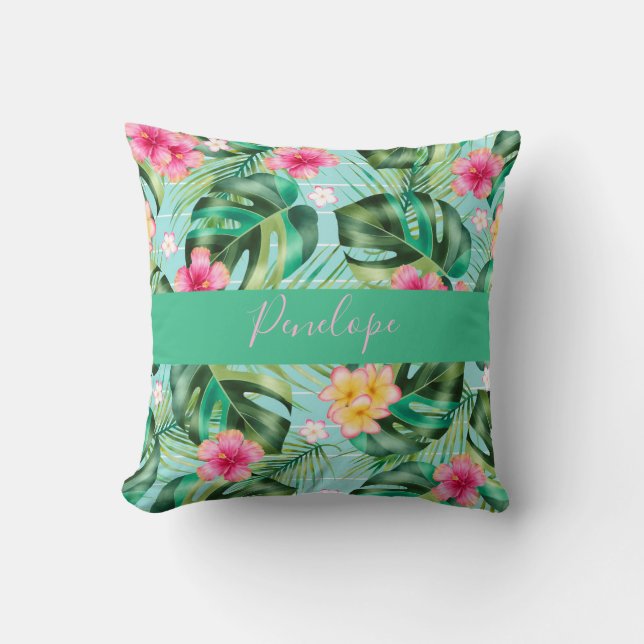 Monstera Fern Leaf Pink Tropische Blume Monogramm Kissen (Vorderseite)