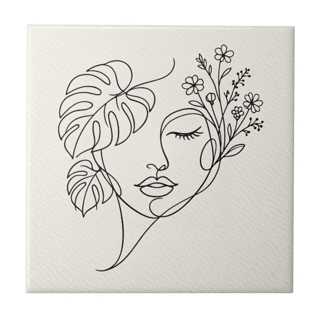 Monstera Florales Gesicht Linienkunst Fliese (Vorderseite)