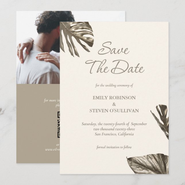 Monstera Gold Champagne Foto Wedding Save The Date (Vorne/Hinten)