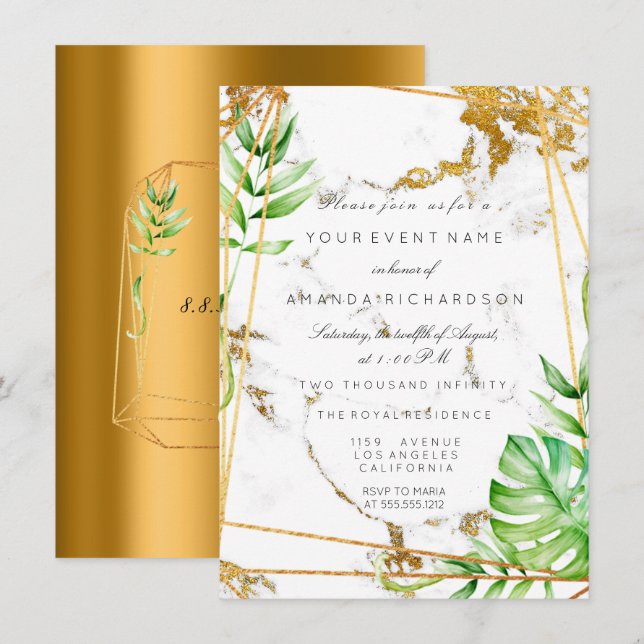 Monstera Gold Poligonal Rahmen Grüne Marmor Einladung (Vorne/Hinten)