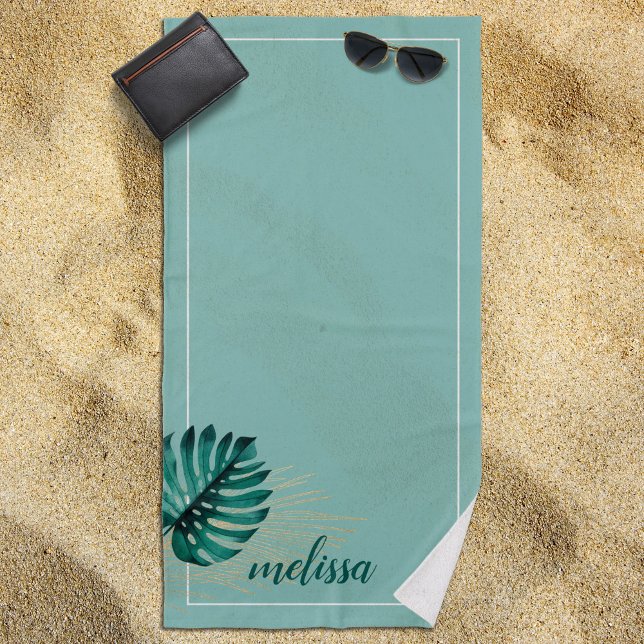 Monstera Goldpalme Leaf Aquamarin tropisch Strandtuch (Tropical Beach Towel with Watercolor Monstera and Your Name -- Great Gift Idea!!)